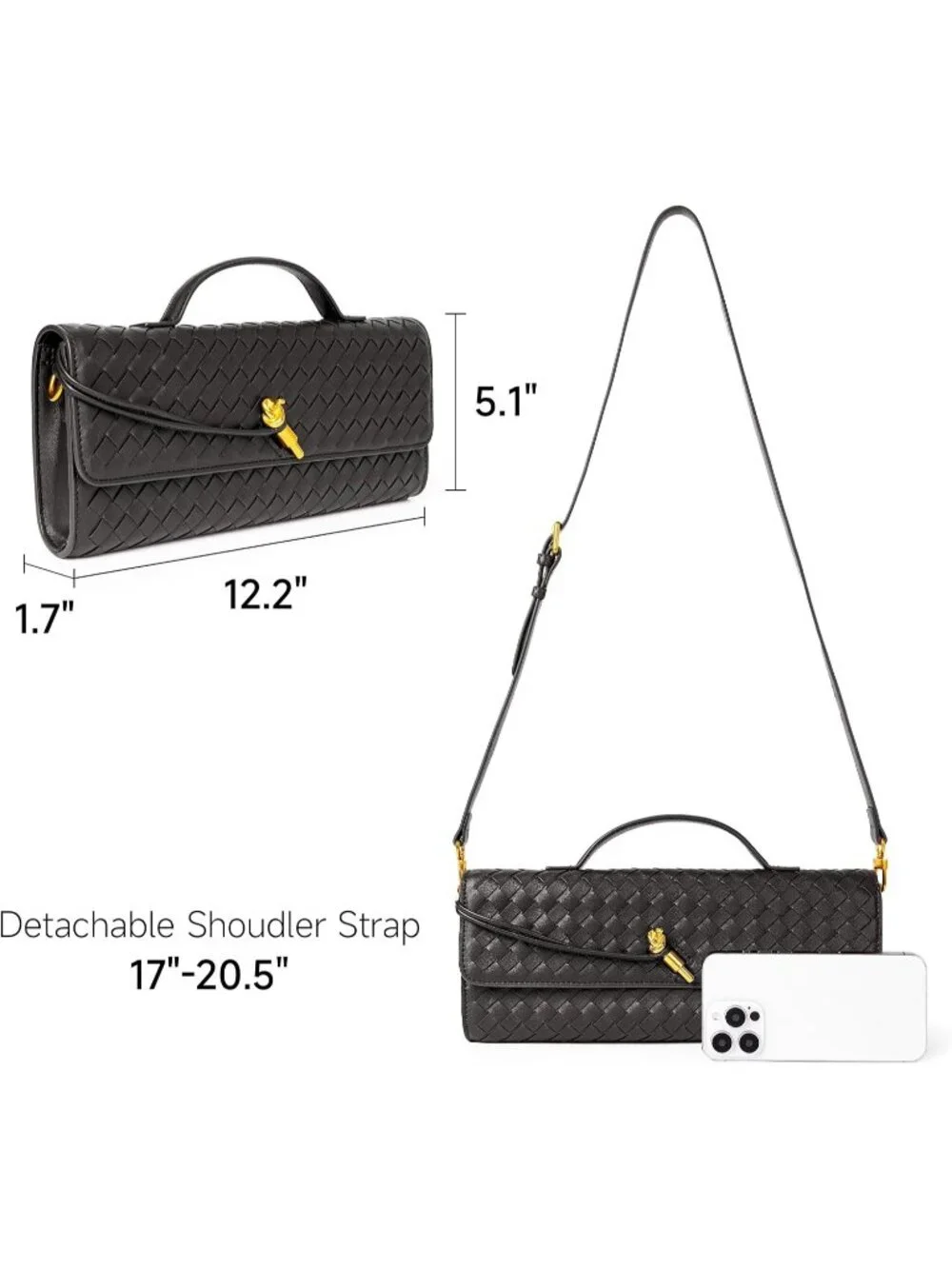 Women Charcoal Woven Vegan Leather Clutch Purse Formal Evening Crossbody Bag